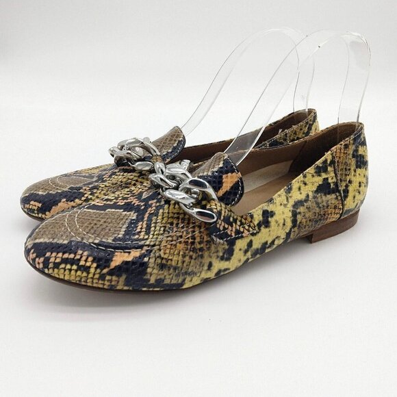 Donald Pliner Yellow Snakeskine Loafers Size 7 Flats Driving Moccasins Chain - Picture 5 of 9